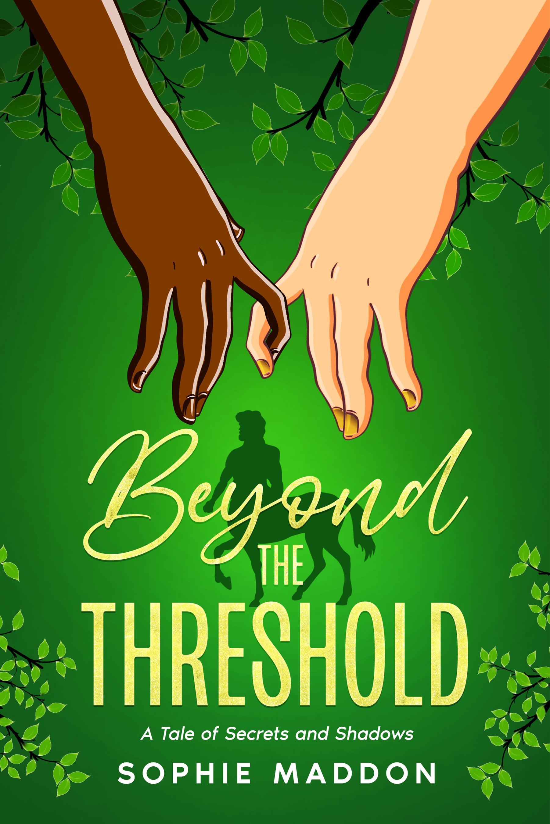 Book cover with a dark green background, showing a hand with dark brown skintone holding a hand with pale skintone. Below them, there's the silhouette of a centaur.